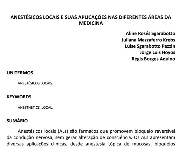 Anestésicos Locais E Suas Aplicações  Nas Diferentes Áreas Da  Medicina